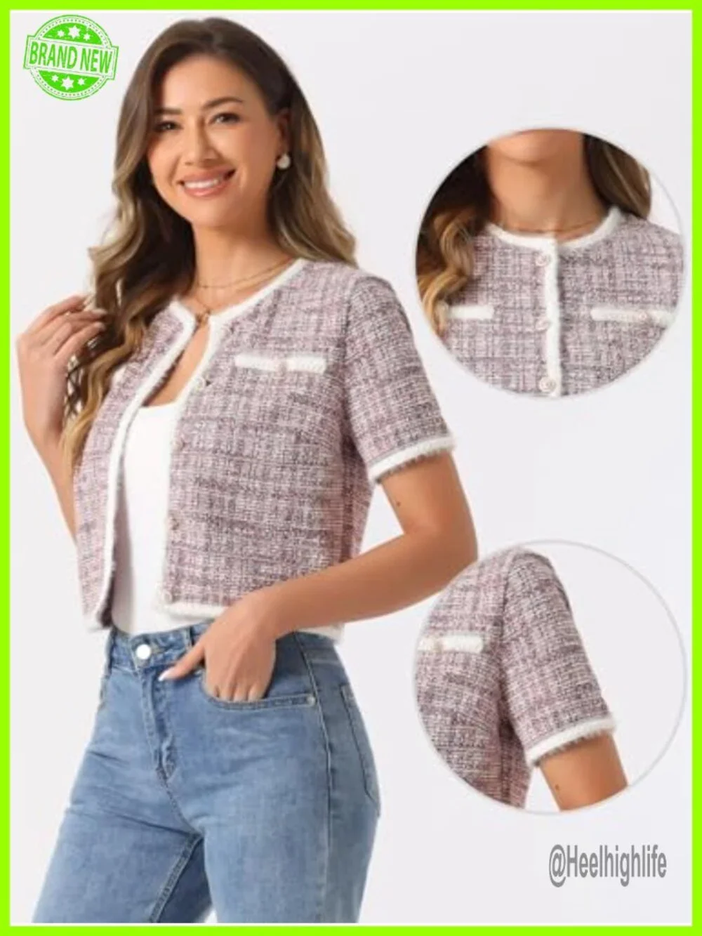 Short Sleeve Tweed Cropped Cardigan with Pearl Buttons